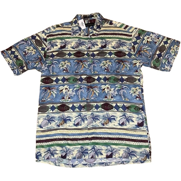 VINTAGE‎ MENS HAWAIIAN SHIRT CROFT& BARROW TROPICAL ISLAND PALM TREES COCONUT M - Picture 1 of 6